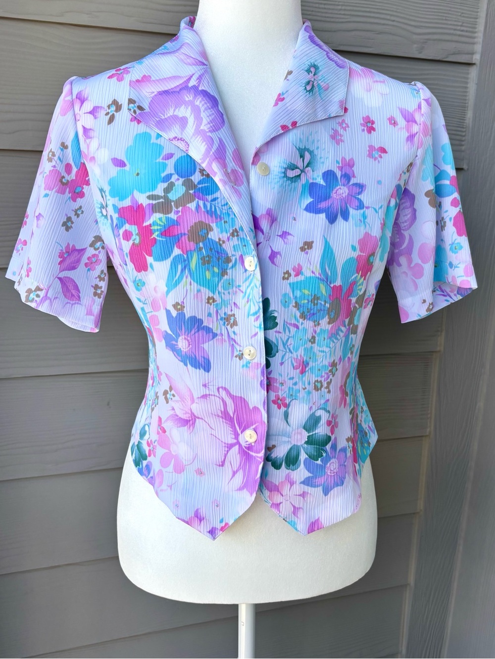 Vintage Allison Daley Pastel Floral Crinkle Blouse Petite 6P